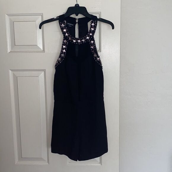 Bebe Jeweled Collar Black Romper Event Party Bling Resort Vacation Club - Picture 2 of 12
